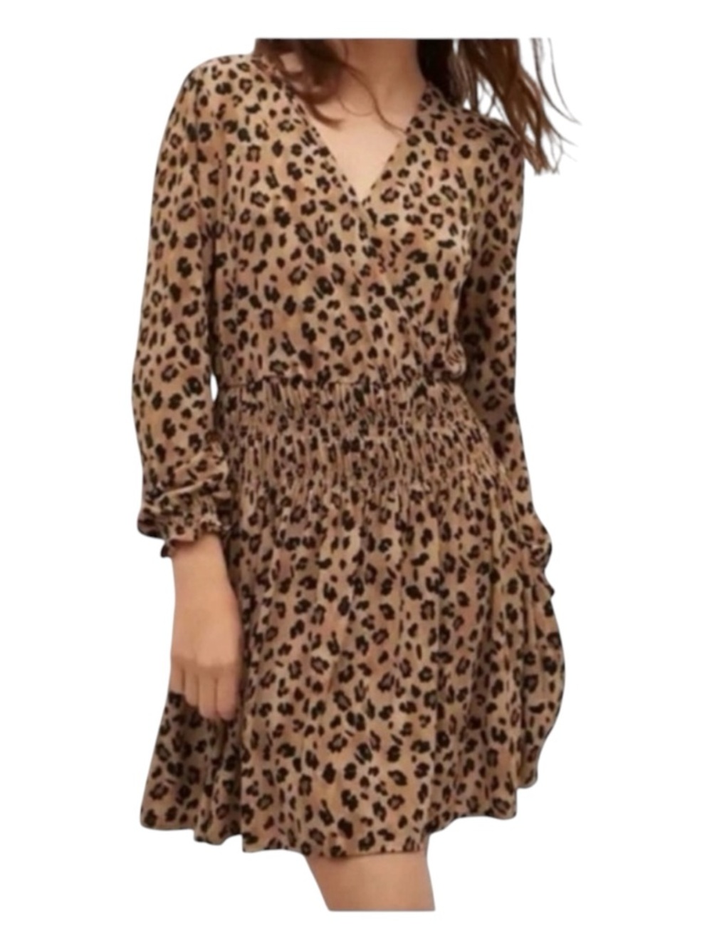 MANGO Animal Print Mini Dress, Long Sleeve, Wrap Bodice, Ruched Waist, Size 4.